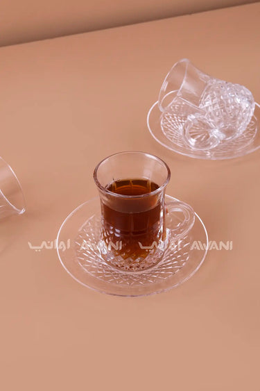 Diamond-Cut Glass Istikan Tea Cup & Saucer Set - 12 Pcs