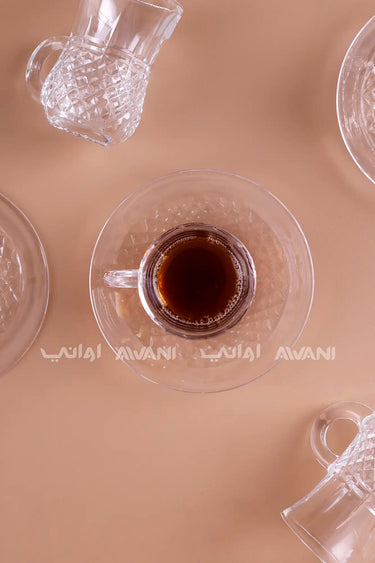 Diamond-Cut Glass Istikan Tea Cup & Saucer Set - 12 Pcs