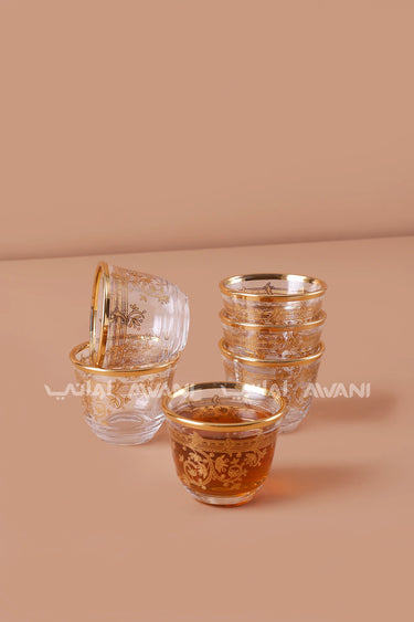 كاسات قهوة عربية منقوشة بزخارف نباتية ذهبية - طقم 6 كاسات