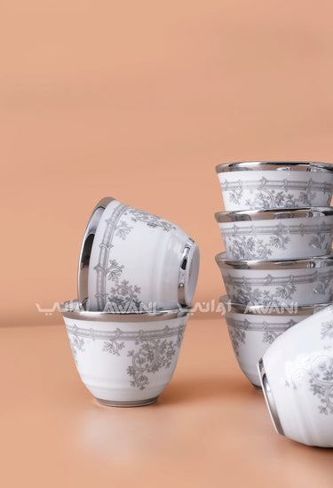 طقم فناجين قهوة عربية - 12 فنجان قهوة من البورسلين، حافة فضية وتصميم مزهر