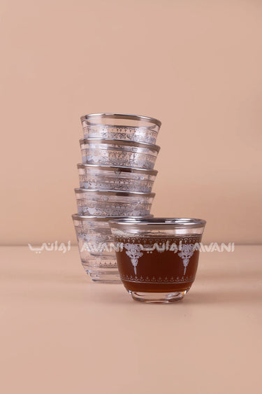 6-Piece Glass Finjan Set – Silver Gahwa Cups with Metallic Rim, Ideal for Majlis & Ramadan