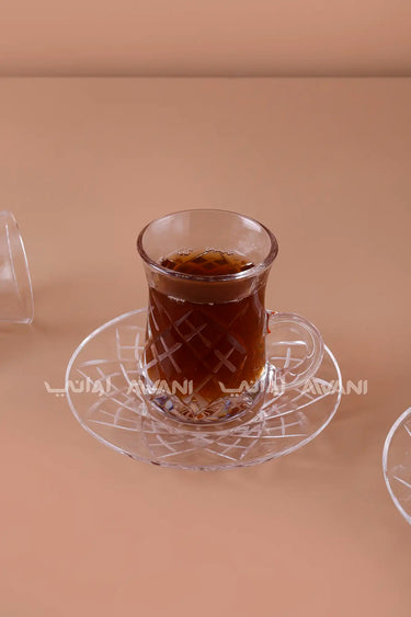12-Piece Elegant Diamond-Cut Glass Tea Cup & Saucer Set