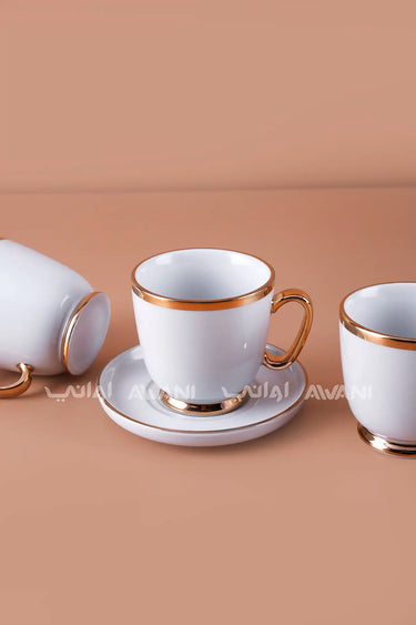 WHITE MILK CUP & SAUCERS WITH GOLD RIM