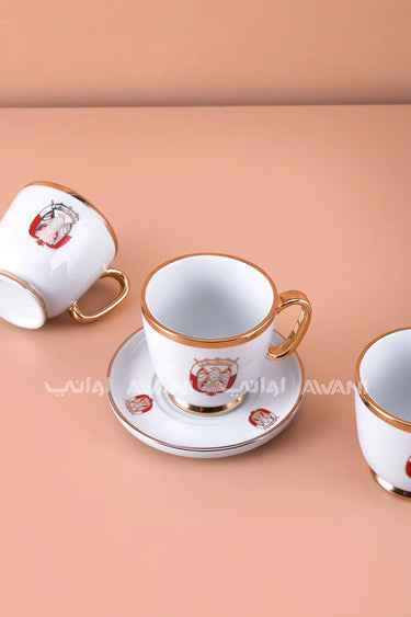 6-Piece Porcelain Coffee Cup and Saucer Set – Gold Trim with UAE Emblem