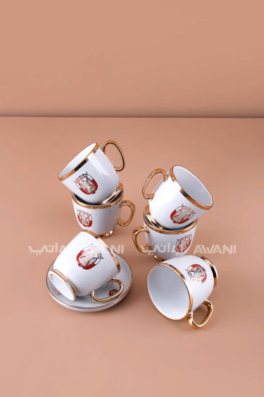 6-Piece Porcelain Coffee Cup and Saucer Set – Gold Trim with UAE Emblem