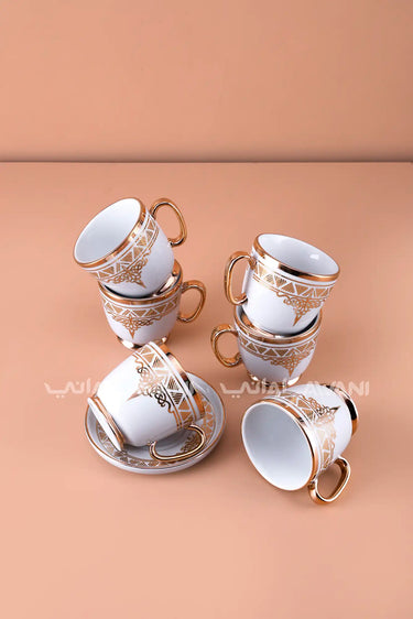 6-Piece Porcelain Coffee Cup and Saucer Set – Gold Trim with Printed Design