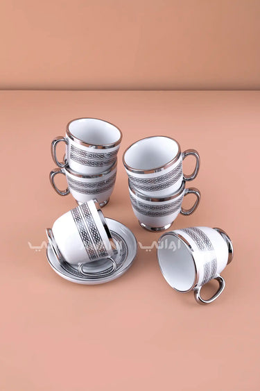 6- Piece Porcelain Coffee Cup and Saucer Set – Silver Woven Pattern