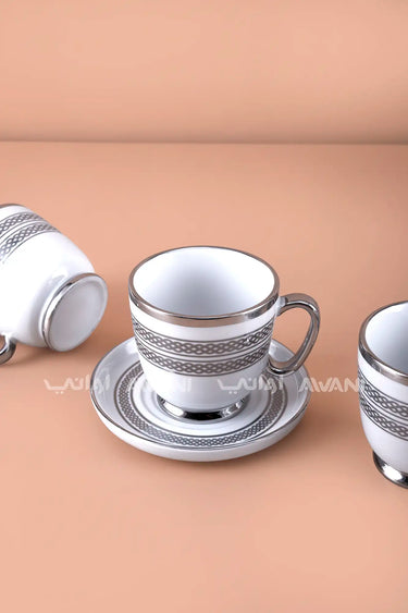 6- Piece Porcelain Coffee Cup and Saucer Set – Silver Woven Pattern