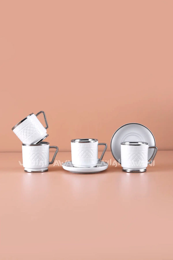 6- Piece Porcelain Coffee Cup and Saucer Set – Silver Rim