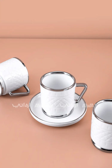 6- Piece Porcelain Coffee Cup and Saucer Set – Silver Rim