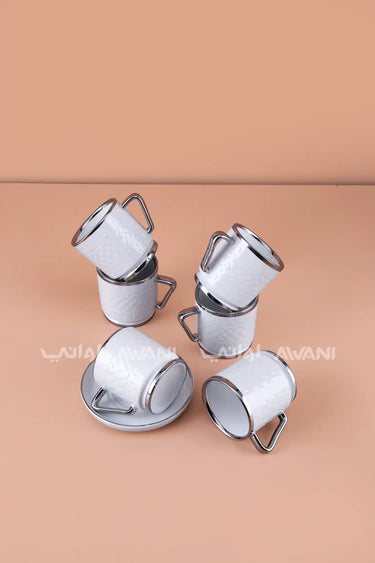 6- Piece Porcelain Coffee Cup and Saucer Set – Silver Rim