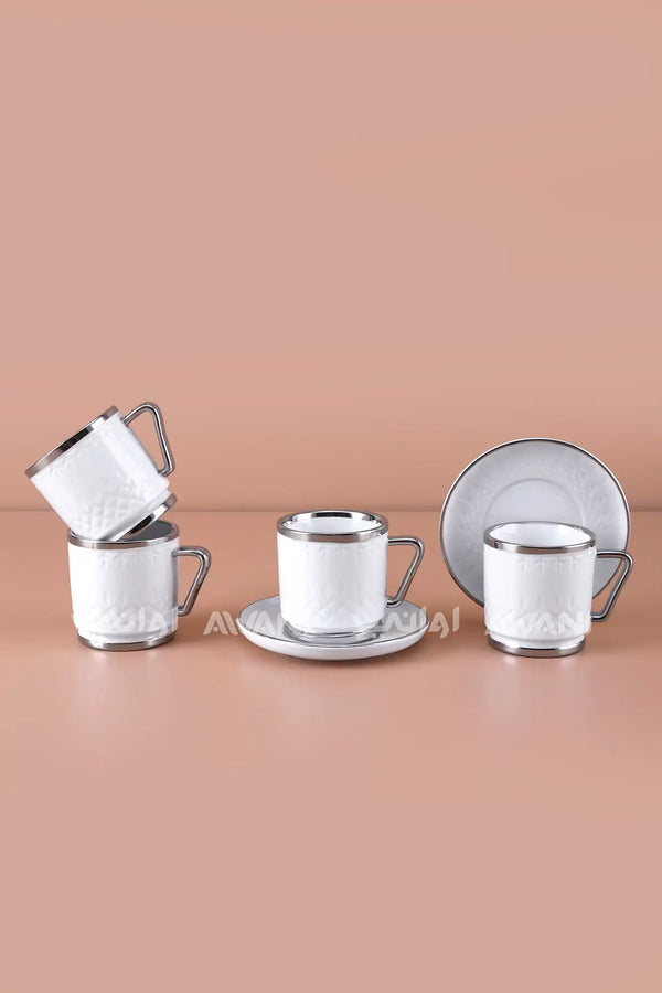 6- Piece Porcelain Coffee Cup and Saucer Set – Silver Rim