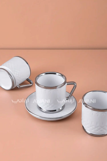 6- Piece Porcelain Coffee Cup and Saucer Set – Silver Rim