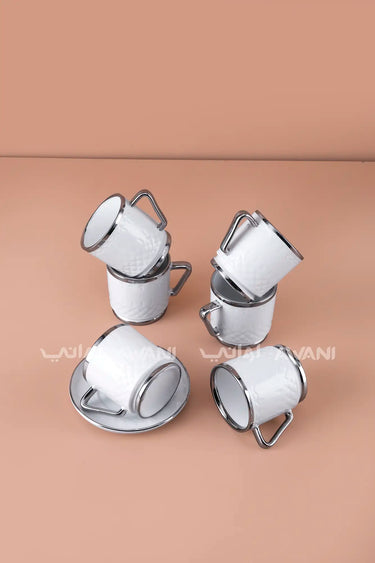 6- Piece Porcelain Coffee Cup and Saucer Set – Silver Rim