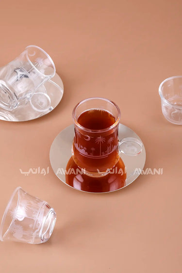 18-Piece Traditional Arabic Tea Set – Etched Glass with Palm & Camel Design