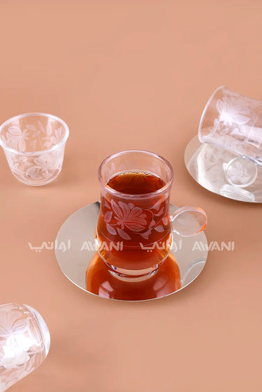 18-Piece Tea and Cawa Set – Etched Glass with Flower Design