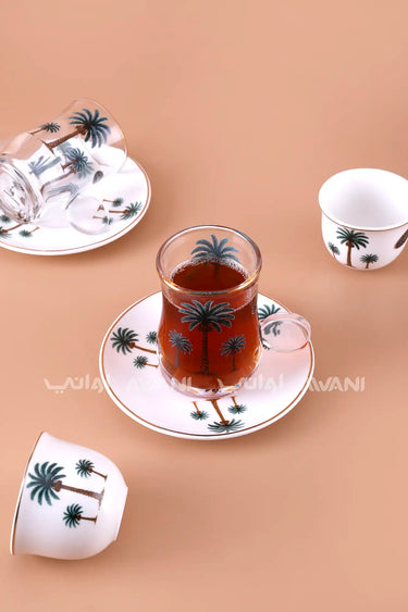 18-Piece Tea & Arabic Coffee (Gahwa) Set – Palm Tree Design Cups
