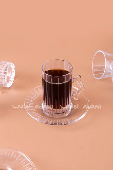 18-Piece Elegant Glass Tea Cup Set – Modern White Etched Linear Design for Tea, Coffee, and Gahwa