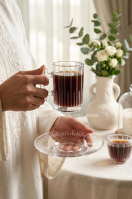 18-Piece Elegant Glass Tea Cup Set – Modern White Etched Linear Design for Tea, Coffee, and Gahwa