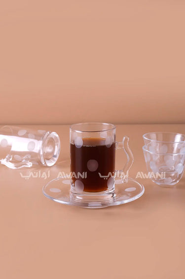 18-Piece Polka Dot Glass Tea & Coffee Cup Set – Elegant Frosted Dot Design for Tea, Gahwa, and Espresso