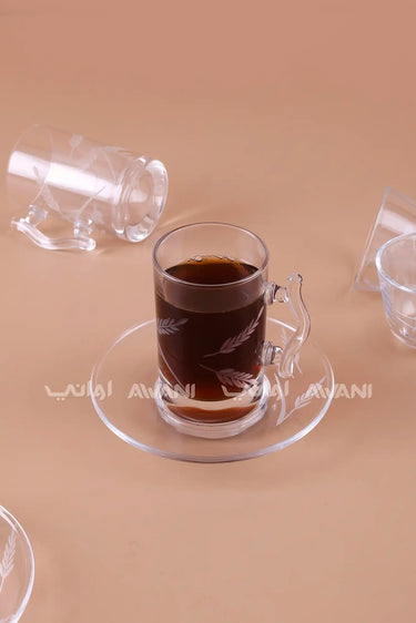 18-Piece Etched Glass Tea & Coffee Set – Botanical Wheat Design for Tea, Gahwa & Espresso