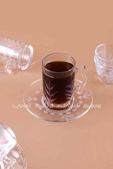 طقم شاي وقهوة زجاجي مزخرف بأوراق الشجر - 18 قطعة