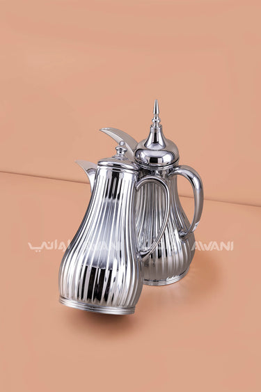 Modern Ribbed Silver Dallah Thermal Set – Dual Flasks (1.0L+1.0L)