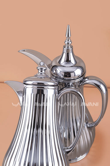 Modern Ribbed Silver Dallah Thermal Set – Dual Flasks (1.0L+1.0L)
