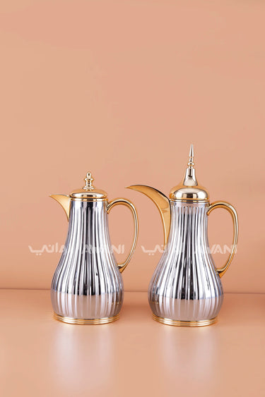 Modern Ribbed Silver and Gold  Dallah Thermal Set – Dual Flasks (1.0L+1.0L)