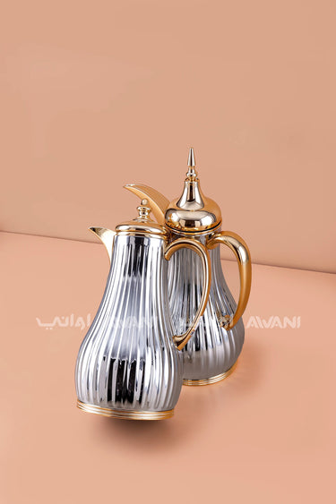 Modern Ribbed Silver and Gold  Dallah Thermal Set – Dual Flasks (1.0L+1.0L)