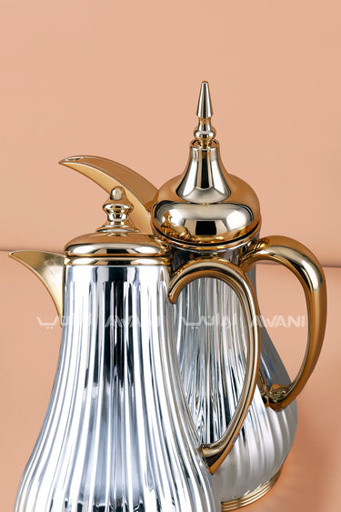 Modern Ribbed Silver and Gold  Dallah Thermal Set – Dual Flasks (1.0L+1.0L)