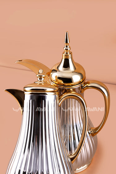 Luxury 2-Piece Ribbed Silver & Gold Thermal Dallah Flask Set (1.0L+1.0L)