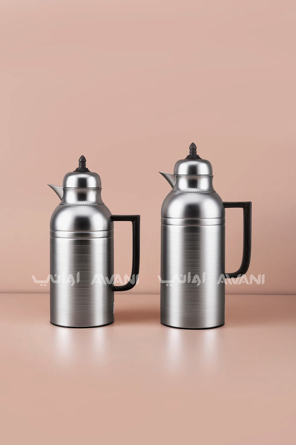 0.75/1.0L Flask Set – Luxury Coffee & Tea with Wood Handle - Matte Silver