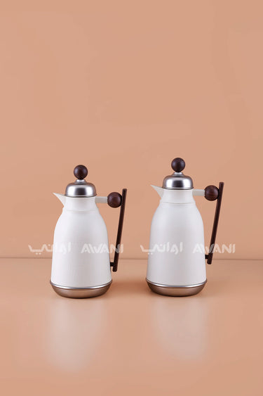 White Hammered Thermal Flask Set with Brown Handle (2 Pieces) – 0.75L & 1.0L