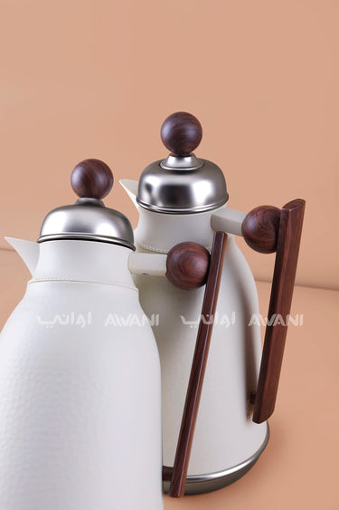 White Hammered Thermal Flask Set with Brown Handle (2 Pieces) – 0.75L & 1.0L