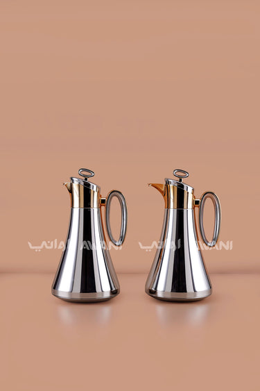 2-Piece Silver and Gold Dallah Set (1L + 1L) Flasks for Traditional Arabic Coffee & Tea