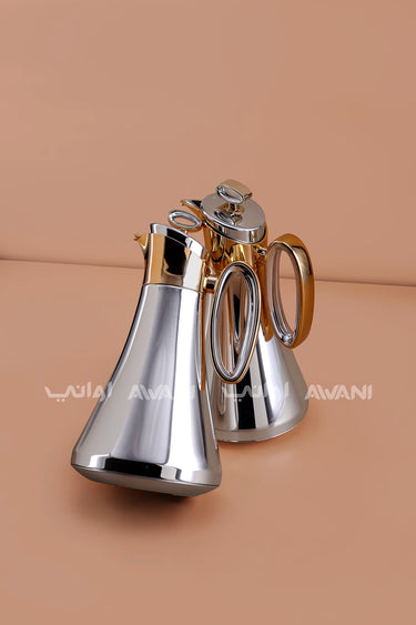 2-Piece Silver and Gold Dallah Set (1L + 1L) Flasks for Traditional Arabic Coffee & Tea
