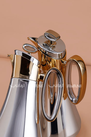2-Piece Silver and Gold Dallah Set (1L + 1L) Flasks for Traditional Arabic Coffee & Tea