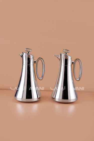 2-Piece Silver And Handle Gold Dallah Set (1L + 1L) Flasks for Traditional Arabic Coffee & Tea
