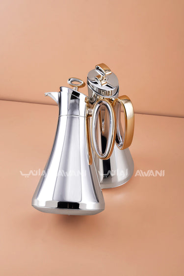 2-Piece Silver And Handle Gold Dallah Set (1L + 1L) Flasks for Traditional Arabic Coffee & Tea