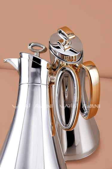 2-Piece Silver And Handle Gold Dallah Set (1L + 1L) Flasks for Traditional Arabic Coffee & Tea