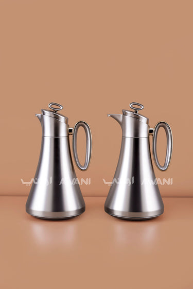 2-Piece Matte  Flask Set (1L + 1L) – Silver and Handle Gold Accents for Elegant Arabic Hospitality