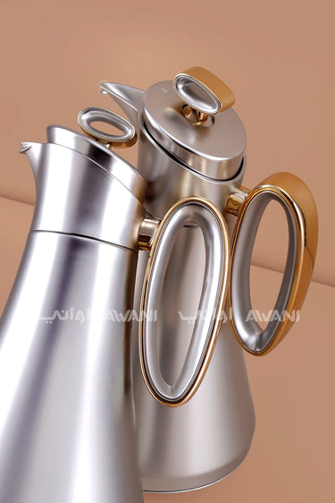 2-Piece Matte  Flask Set (1L + 1L) – Silver and Handle Gold Accents for Elegant Arabic Hospitality