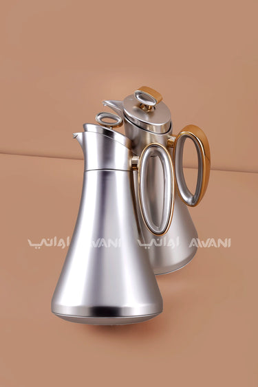 2-Piece Matte  Flask Set (1L + 1L) – Silver and Handle Gold Accents for Elegant Arabic Hospitality