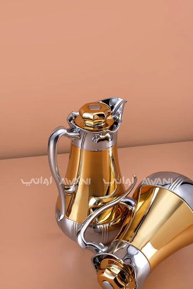 2-Piece Luxury Dallah Thermos Set - Gold & Silver Finish (1.0L & 0.7L)