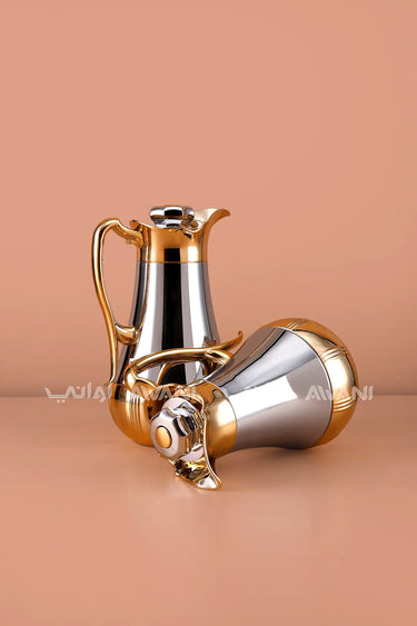 Flask Set (1.0L & 0.7L) – Silver Finish with Gold Handles