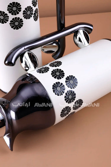 Flask Set – White & Shiny Black Floral Design (1.0L & 0.7L)