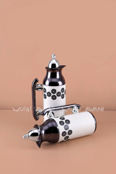 Flask Set – White & Shiny Black Floral Design (1.0L & 0.7L)