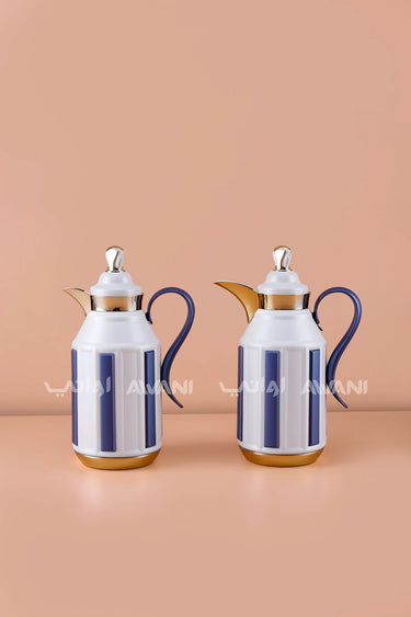 2-Piece Insulated Flask Set (1L + 1L) – White & Royal Blue with Gold Accents