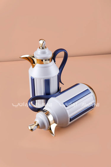 2-Piece Insulated Flask Set (1L + 1L) – White & Royal Blue with Gold Accents